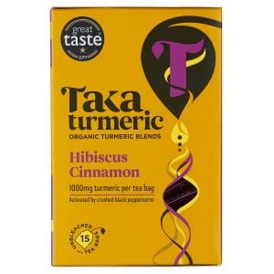 Taka turmerik verðlaunte með hibiscus og Ceylon kanil! 1000 mg af túrmeriki í hverjum tepoka