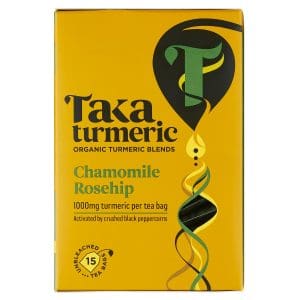 Taka turmerik verðlaunte með kamillu og rosehip ! 1000 mg túrmeriki í hverjum tepoka